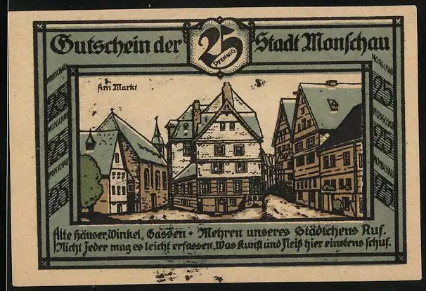 Notgeld Monschau 1921, 25 Pfennig, Partie am Markt