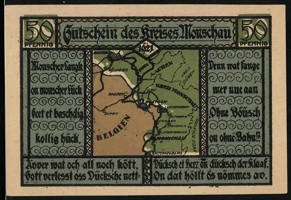 Notgeld Monschau 1921, 50 Pfennig, geografische Karte und Wappen