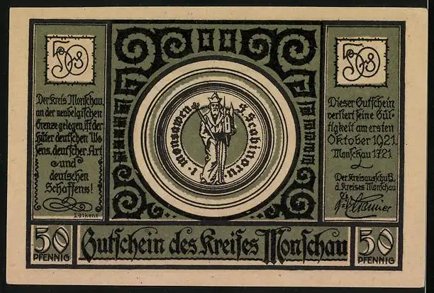 Notgeld Monschau 1921, 50 Pfennig, geografische Karte und Wappen