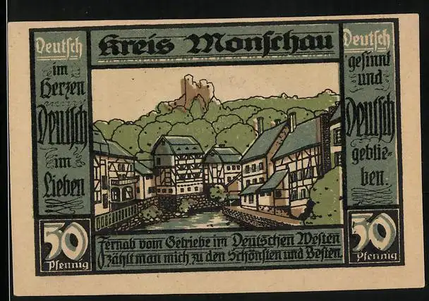 Notgeld Monschau 1921, 50 Pfennig, Ortspartie mit Burg und Wappen
