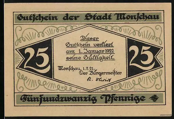 Notgeld Monschau 1921, 25 Pfennig, Ortsansicht