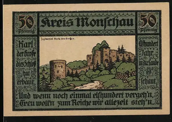 Notgeld Monschau 1921, 50 Pfennig, Jagdschloss Karls des Grossen mit Wappen