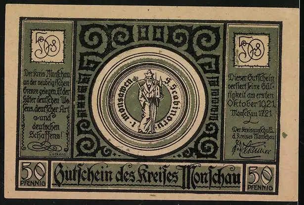 Notgeld Monschau 1921, 50 Pfennig, Jagdschloss Karls des Grossen mit Wappen