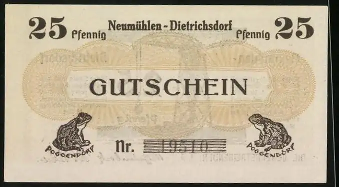 Notgeld Neumühlen-Dietrichsdorf 1922, 25 Pfennig, Kran und Frösche