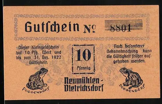 Notgeld Neumühlen-Dietrichsdorf 1922, 25 Pfennig, Frösche