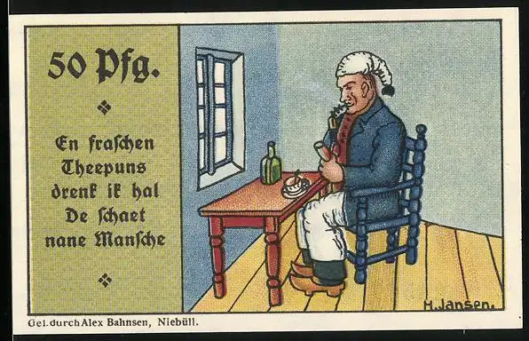 Notgeld Niebüll 1920, 50 Pfennig, Pfeife rauchender Mann und Wappen