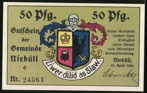 Notgeld Niebüll 1920, 50 Pfennig, Pfeife rauchender Mann und Wappen