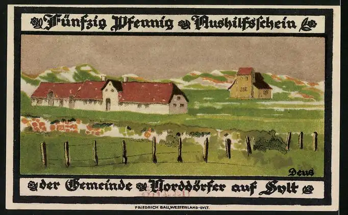 Notgeld Wenningstedt 1921, 50 Pfennig, Ortsansicht Norddörfer /Sylt