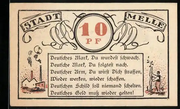 Notgeld Melle 1921, 10 Pfennig, Fabrik und Mann pflanzt Baum, Mann mit Kartoffeln im Sack auf der Schulter