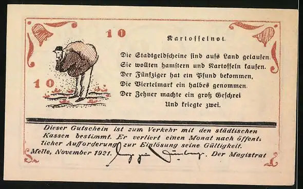 Notgeld Melle 1921, 10 Pfennig, Fabrik und Mann pflanzt Baum, Mann mit Kartoffeln im Sack auf der Schulter