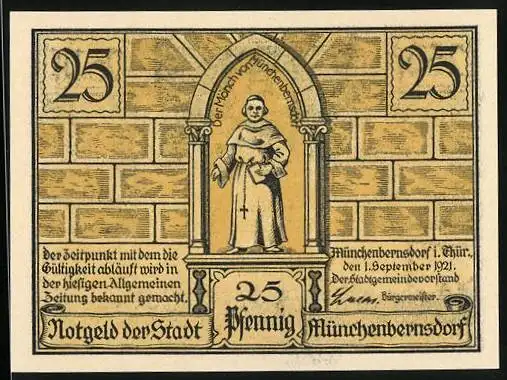 Notgeld Münchenbernsdorf 1921, 25 Pfennig, Die Kneipe nach der Sitzung. Der Mönch
