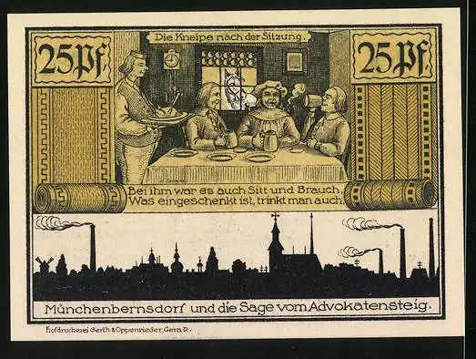 Notgeld Münchenbernsdorf 1921, 25 Pfennig, Die Kneipe nach der Sitzung. Der Mönch