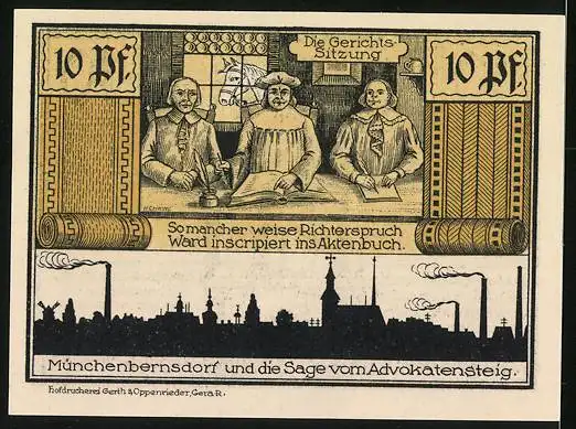 Notgeld Münchenbernsdorf 1921, 10 Pfennig, Der Mönch, Die Gerichtssitzung