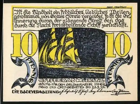 Notgeld Müritz a. d. Ostsee 1922, 10 Pfennig, Segelboot und Meeresblick