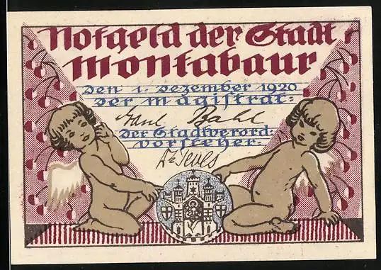 Notgeld Montabaur 1920, 10 Pfennig, Engel mit Wappen und Fachwerkhaus