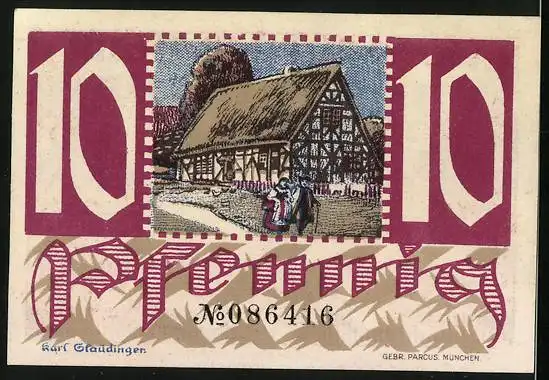 Notgeld Montabaur 1920, 10 Pfennig, Engel mit Wappen und Fachwerkhaus