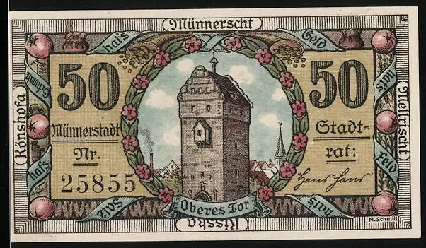 Notgeld Münnerstadt 1921, 50 Pfennig, Oberes Tor und Wappen