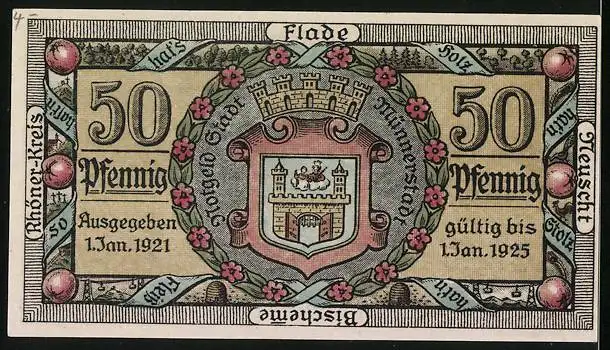 Notgeld Münnerstadt 1921, 50 Pfennig, Oberes Tor und Wappen