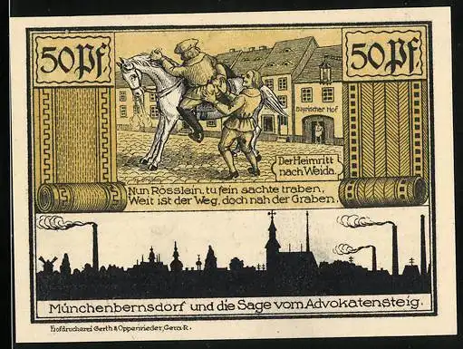 Notgeld Münchenbernsdorf 1921, 50 Pfennig, Der Heimritt nach Weida, Der Mönch