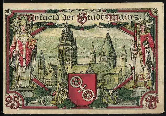 Notgeld Mainz 1921, 25 Pfennig, Mainzer Dom mit Wappen und Stadtansicht
