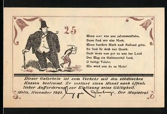 Notgeld Melle 1921, 25 Pfennig, Dicker und dünner Mann, Fabrik und Mann der einen Baum pflanzt