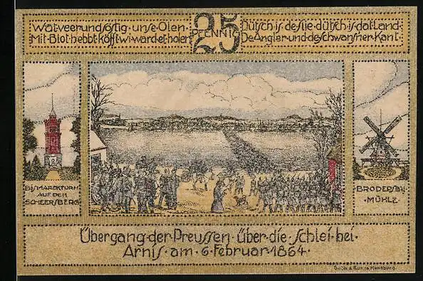 Notgeld Kappeln 1920, 25 Pfennig, Übergang der Preussen über die Schlei, Windmühle und Wappen
