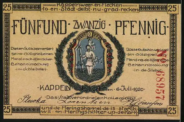 Notgeld Kappeln 1920, 25 Pfennig, Übergang der Preussen über die Schlei, Windmühle und Wappen
