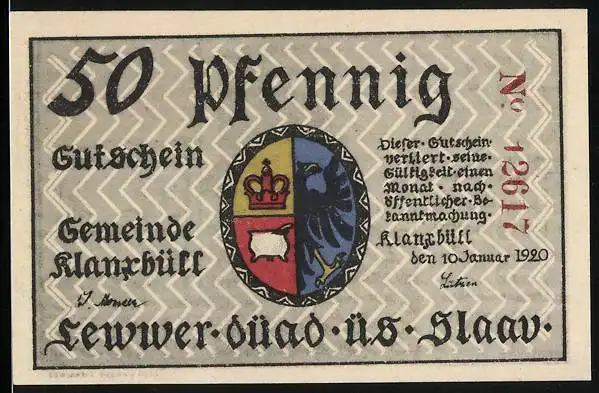 Notgeld Klanxbüll 1920, 50 Pfennig, Stadtwappen, Mann mit Fahne