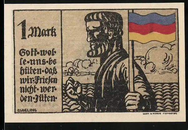Notgeld Klanxbüll 1920, 1 Mark, Stadtwappen, Mann mit Fahne