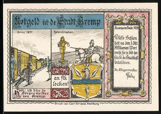 Notgeld Krempe 1920, 25 Pfennig, Eisenbahn anno 1857, Rolandriden, Hafen