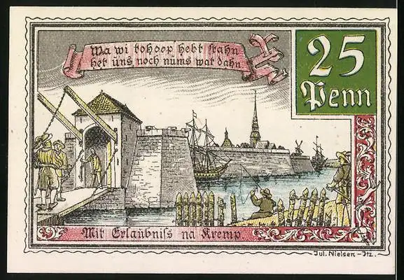 Notgeld Krempe 1920, 25 Pfennig, Eisenbahn anno 1857, Rolandriden, Hafen