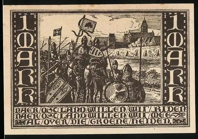 Notgeld Marienburg in Westpreussen 1920, 1 Mark, Krieger vor der Stadt und Wappen