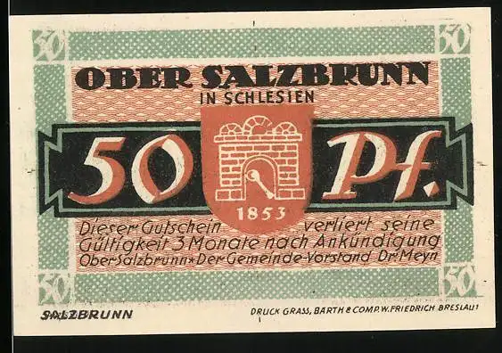 Notgeld Ober-Salzbrunn in Schlesien 1921, 50 Pfennig, Wappen und 700 Jahrfeier Bad Salzbrunn