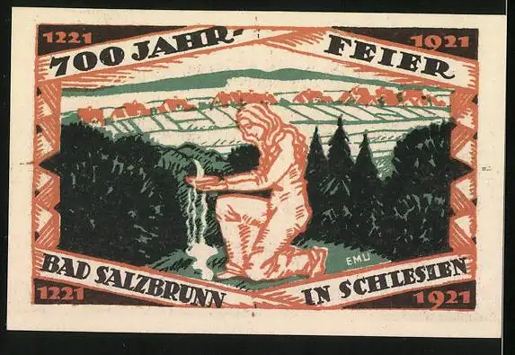 Notgeld Ober-Salzbrunn in Schlesien 1921, 50 Pfennig, Wappen und 700 Jahrfeier Bad Salzbrunn