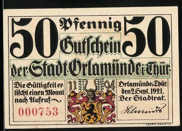 Notgeld Orlamünde in Thür. 1921, 50 Pfennig, Wappen und Kemnate mit Burgtor