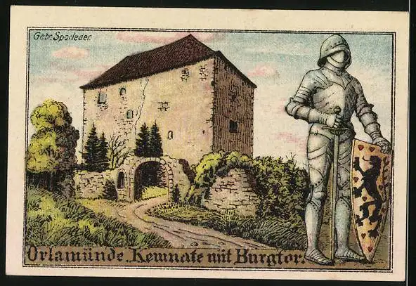 Notgeld Orlamünde in Thür. 1921, 50 Pfennig, Wappen und Kemnate mit Burgtor