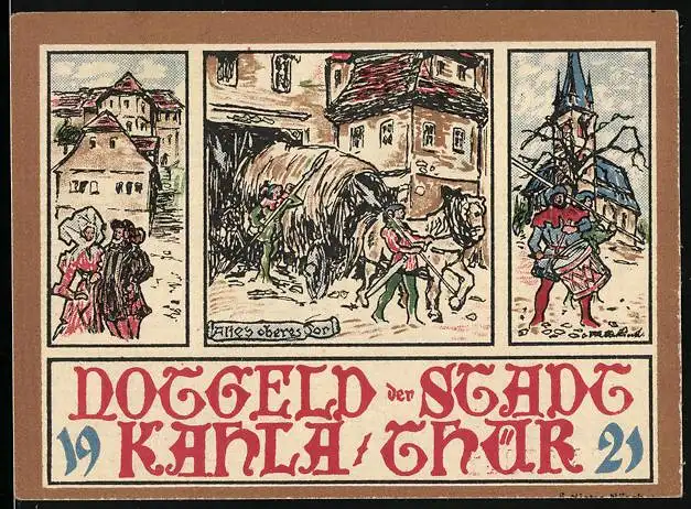 Notgeld Kahla /Thür. 1921, 50 Pfennig, drei Ansichten aus Altes oberes Dorf und Wappen