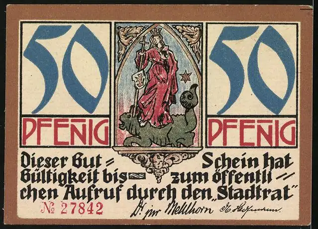 Notgeld Kahla /Thür. 1921, 50 Pfennig, drei Ansichten aus Altes oberes Dorf und Wappen