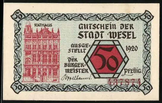 Notgeld Wesel 1920, 50 Pfennig, Rathaus und Wappen