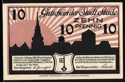 Notgeld Stade 1920, 10 Pfennig, Silhouette der Stadt