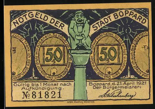 Notgeld Boppard am Rhein 1921, 50 Pfennig, Geistlicher mit Kelch auf einer Säule und Weinlese