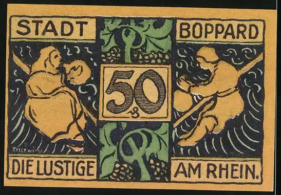 Notgeld Boppard am Rhein 1921, 50 Pfennig, Geistlicher mit Kelch auf einer Säule und Weinlese