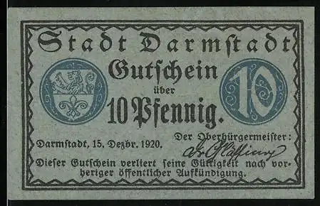 Notgeld Darmstadt 1920, 10 Pfennig, Wappen und Rathaus