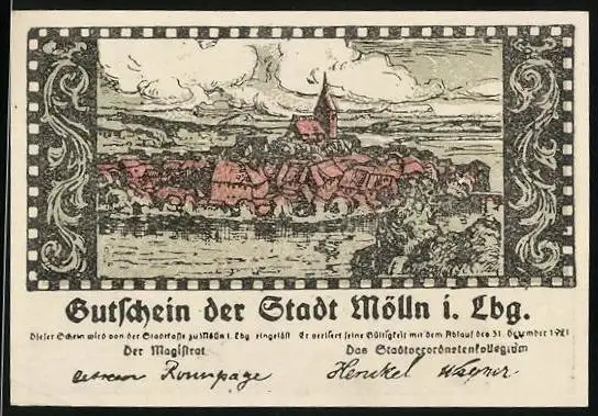 Notgeld Mölln i. Lbg. 1921, 50 Pfennig, Stadtansicht und Till Eulenspiegel