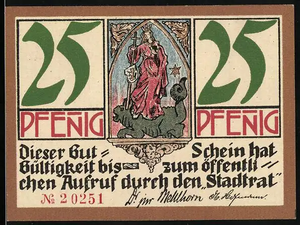 Notgeld Kahla i. Thür. 1921, 25 Pfennig, Wappen und drei Bilder aus der Porzellanindustrie