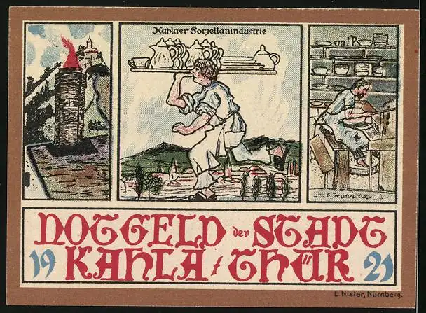 Notgeld Kahla i. Thür. 1921, 25 Pfennig, Wappen und drei Bilder aus der Porzellanindustrie