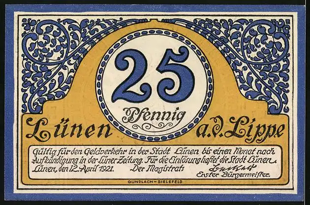 Notgeld Lünen a. d. Lippe 1921, 25 Pfennig, Bergmann unter Tage