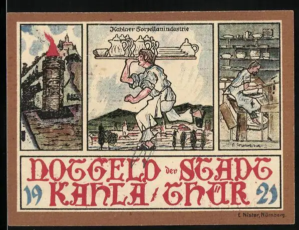 Notgeld Kahla i. Thür. 1921, 25 Pfennig, Drei Bilder aus der Porzellanindustrie und Wappen