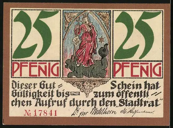 Notgeld Kahla i. Thür. 1921, 25 Pfennig, Drei Bilder aus der Porzellanindustrie und Wappen