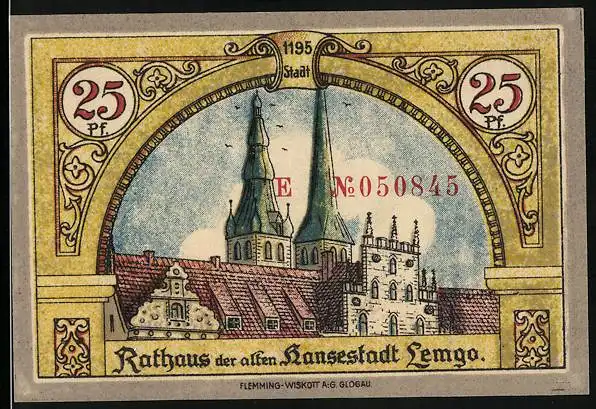 Notgeld Lemgo 1921, 25 Pfennig, Rathaus der alten Hansestadt und Wappen